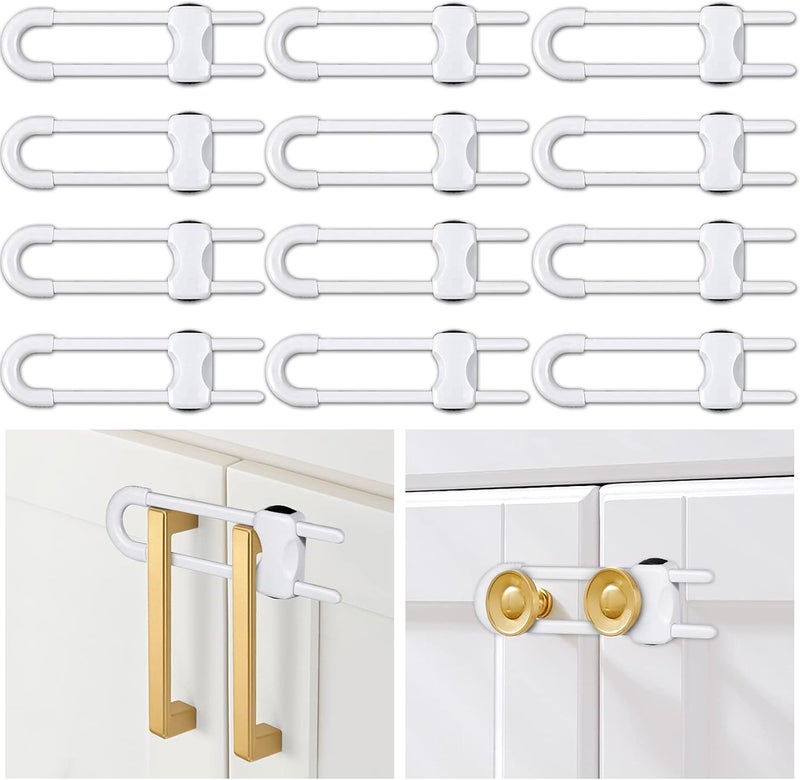 Modacraft 12 Packs Baby Proofing Sliding Cabinet Locks U-Shaped Child Safety Latches Adjustable White Locks for Handles Knobs Drawers Closet Cupboard - Image 1